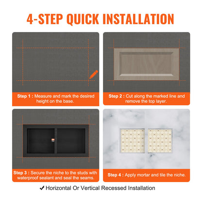 Shower Niche Ready for Tile 40.64 x 81.28 cm, Double Shelf Organizer, Square Corners Wall-inserted Niche Recessed, Sealed Protection Modern Soap Storage Niche for Shower Bathroom, Black