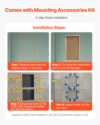 Shower Niche, 40.6 x 81.3 cm + 40.6 x 81.3 cm Recessed Wall Niche with Movable Shelf, 10.2 cm Thick Modern Soap & Shampoo Storage Organizer,Square Corners,Sealed Waterproof, Black for Bathroom