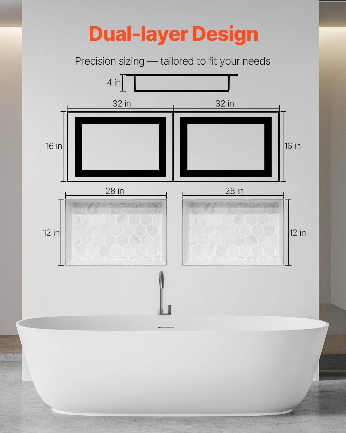 Shower Niche, 40.6 x 81.3 cm + 40.6 x 81.3 cm Recessed Wall Niche with Movable Shelf, 10.2 cm Thick Modern Soap & Shampoo Storage Organizer,Square Corners,Sealed Waterproof, Black for Bathroom