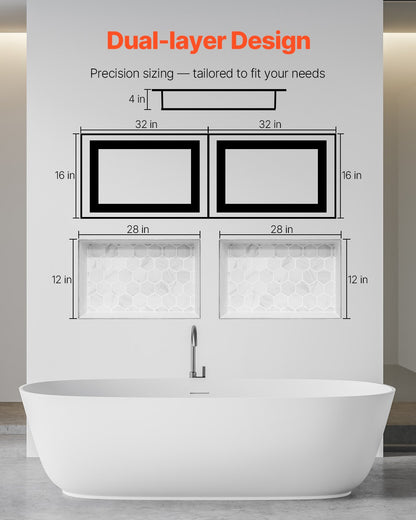 Shower Niche, 40.6 x 81.3 cm + 40.6 x 81.3 cm Recessed Wall Niche with Movable Shelf, 10.2 cm Thick Modern Soap & Shampoo Storage Organizer,Square Corners,Sealed Waterproof, Black for Bathroom