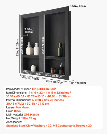 Shower Niche, 40.6 x 81.3 cm + 40.6 x 81.3 cm Recessed Wall Niche with Movable Shelf, 10.2 cm Thick Modern Soap & Shampoo Storage Organizer,Square Corners,Sealed Waterproof, Black for Bathroom