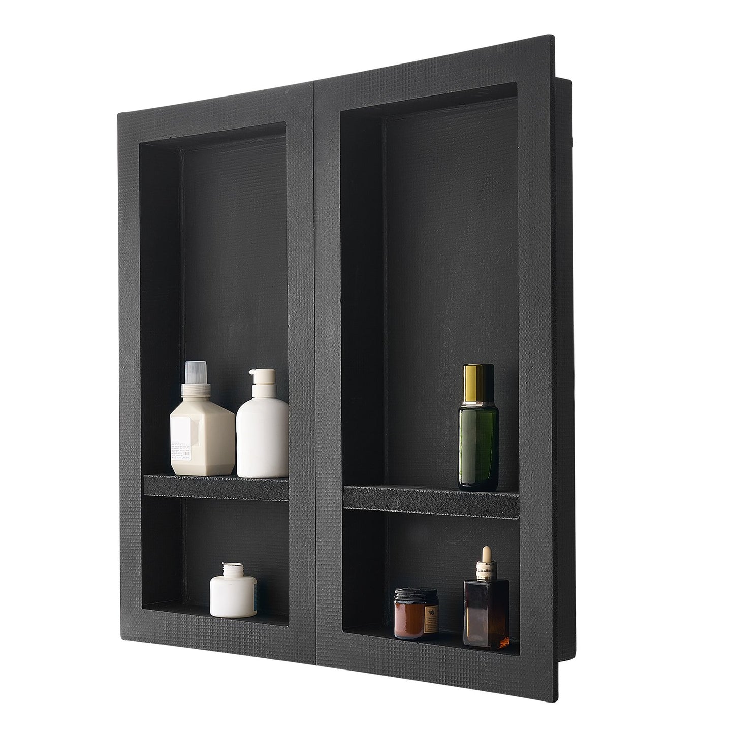 Shower Niche, 40.6 x 81.3 cm + 40.6 x 81.3 cm Recessed Wall Niche with Movable Shelf, 10.2 cm Thick Modern Soap & Shampoo Storage Organizer,Square Corners,Sealed Waterproof, Black for Bathroom