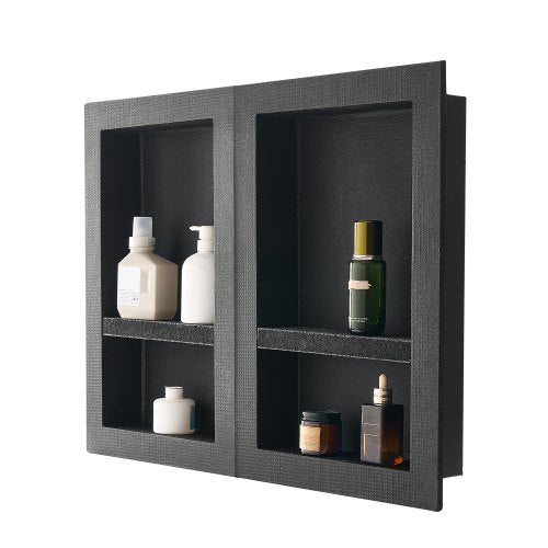 Shower Niche, 40.6 x 61.0 cm + 40.6 x 61.0 cm Recessed Wall Niche with Movable Shelf, 10.2 cm Thick Modern Soap & Shampoo Storage Organizer,Square Corners,Sealed Waterproof, Black for Bathroom