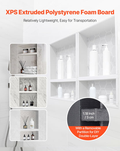 Shower Niche, 40.6 x 61.0 cm + 40.6 x 61.0 cm Recessed Wall Niche with Movable Shelf, 10.2 cm Thick Modern Soap & Shampoo Storage Organizer,Square Corners,Sealed Waterproof, Black for Bathroom