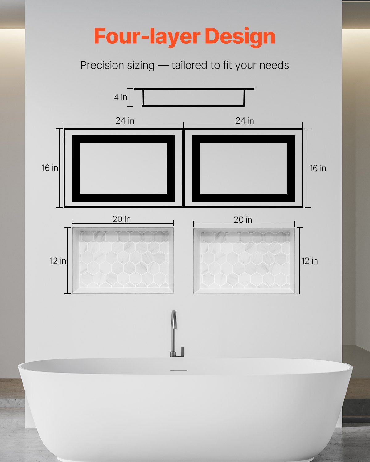 Shower Niche, 40.6 x 61.0 cm + 40.6 x 61.0 cm Recessed Wall Niche with Movable Shelf, 10.2 cm Thick Modern Soap & Shampoo Storage Organizer,Square Corners,Sealed Waterproof, Black for Bathroom