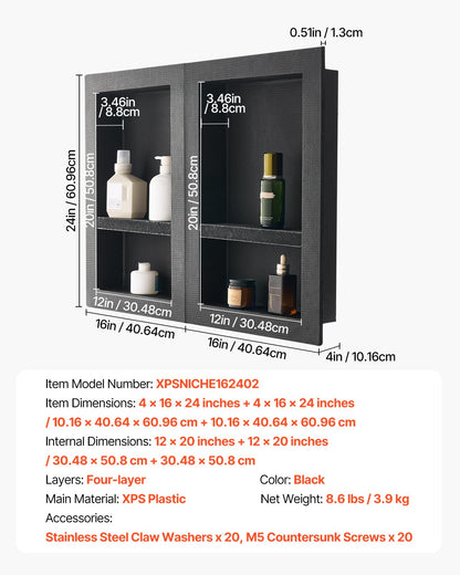 Shower Niche, 40.6 x 61.0 cm + 40.6 x 61.0 cm Recessed Wall Niche with Movable Shelf, 10.2 cm Thick Modern Soap & Shampoo Storage Organizer,Square Corners,Sealed Waterproof, Black for Bathroom