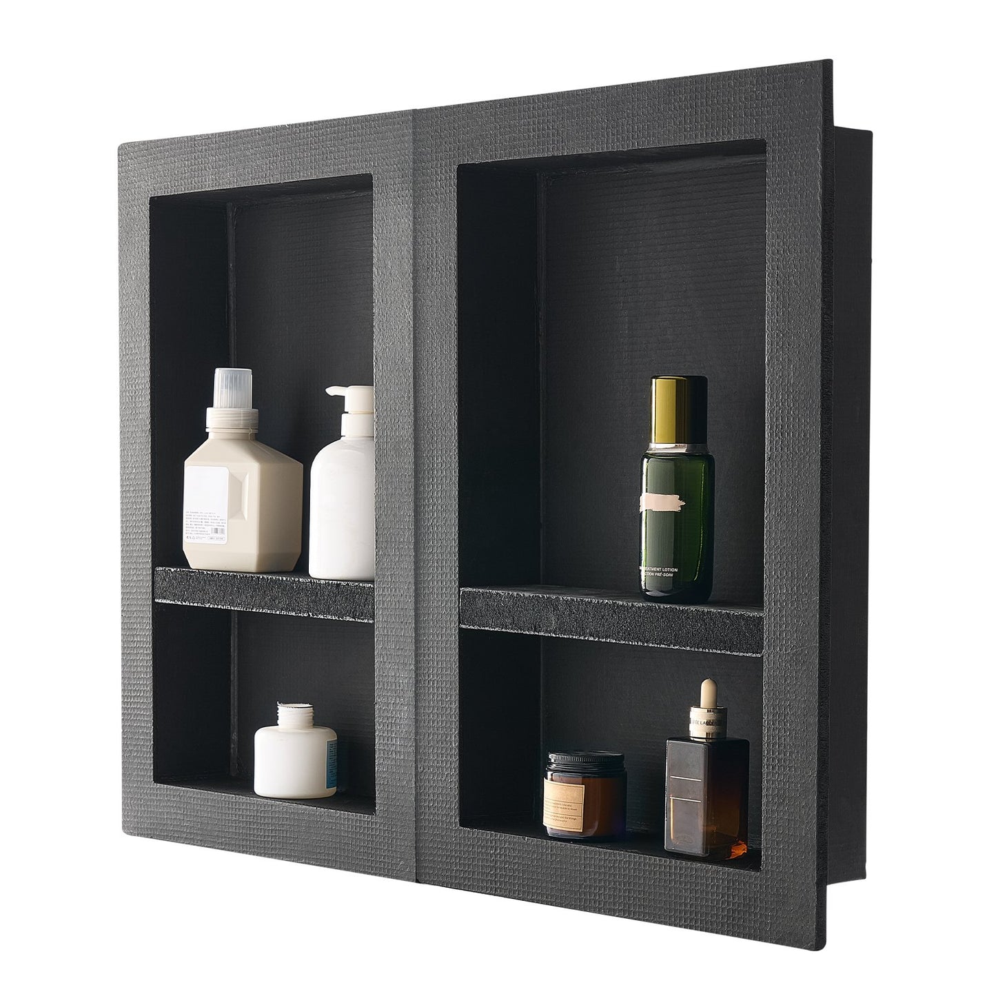 Shower Niche, 40.6 x 61.0 cm + 40.6 x 61.0 cm Recessed Wall Niche with Movable Shelf, 10.2 cm Thick Modern Soap & Shampoo Storage Organizer,Square Corners,Sealed Waterproof, Black for Bathroom