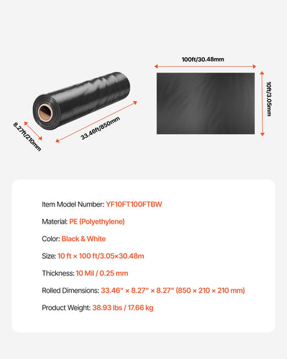 10 Mil starke, hochbelastbare Kunststofffolie, 10' x 100', dicke Kunststofffolienrolle, Abdeckplane für Maler, geeignet für Kriechkeller, Dampfsperre, schwarz-weiß, vielseitig einsetzbar
