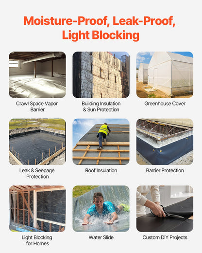 10 Mil starke Kunststofffolie, hochbelastbar, 10' x 65', dicke Kunststofffolienrolle, Abdeckplane für Maler, geeignet für Kriechkeller, Dampfsperre, schwarz-weiß, vielseitig einsetzbar