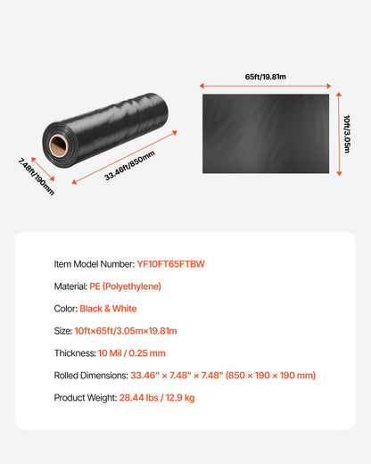 10 Mil starke Kunststofffolie, hochbelastbar, 10' x 65', dicke Kunststofffolienrolle, Abdeckplane für Maler, geeignet für Kriechkeller, Dampfsperre, schwarz-weiß, vielseitig einsetzbar