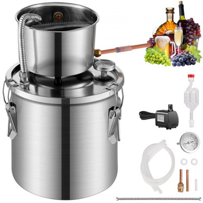Alcohol Still, 3 Gal / 11.4 L Stainless Steel Water Alcohol Distiller with Coil Cooling, Home Brewing Refining Fermentation Kit with Dual Display Thermometer, for Wine Whisky Brandy, Silver