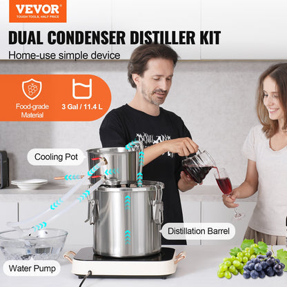 Alcohol Still, 3 Gal / 11.4 L Stainless Steel Water Alcohol Distiller with Coil Cooling, Home Brewing Refining Fermentation Kit with Dual Display Thermometer, for Wine Whisky Brandy, Silver