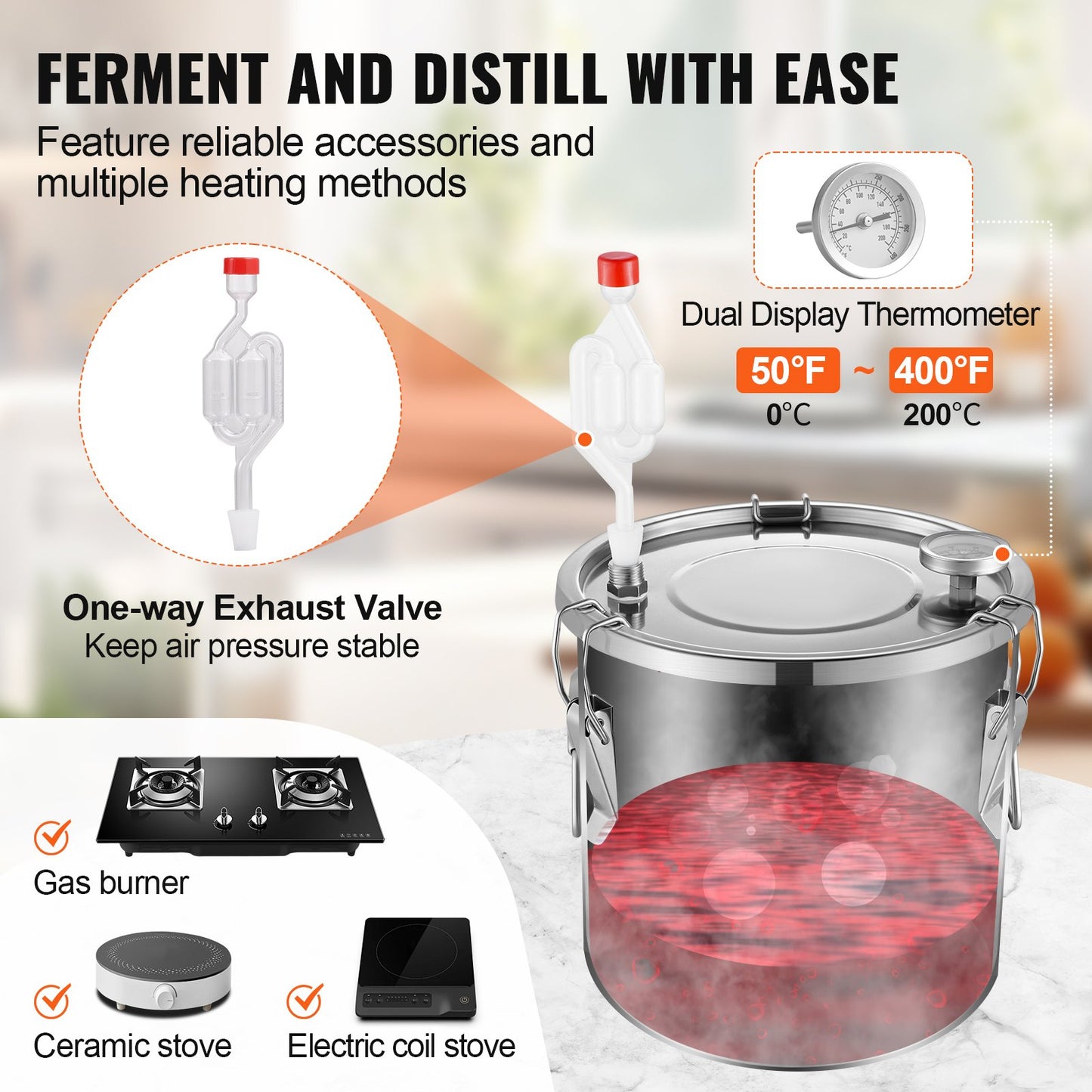 Alcohol Still, 3 Gal / 11.4 L Stainless Steel Water Alcohol Distiller with Coil Cooling, Home Brewing Refining Fermentation Kit with Dual Display Thermometer, for Wine Whisky Brandy, Silver