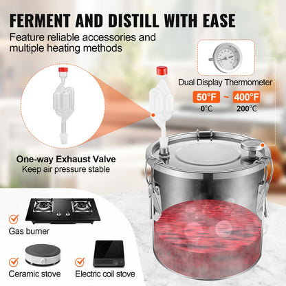 Alcohol Still, 3 Gal / 11.4 L Stainless Steel Water Alcohol Distiller with Coil Cooling, Home Brewing Refining Fermentation Kit with Dual Display Thermometer, for Wine Whisky Brandy, Silver