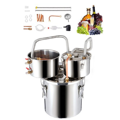 Alcohol Still, 3 Gal / 11.4 L Stainless Steel Water Alcohol Distiller with Copper Coil for Fast Cooling, Dual Condenser Distiller Kit with Secondary Distillation, for Wine Whisky Brandy, Silver