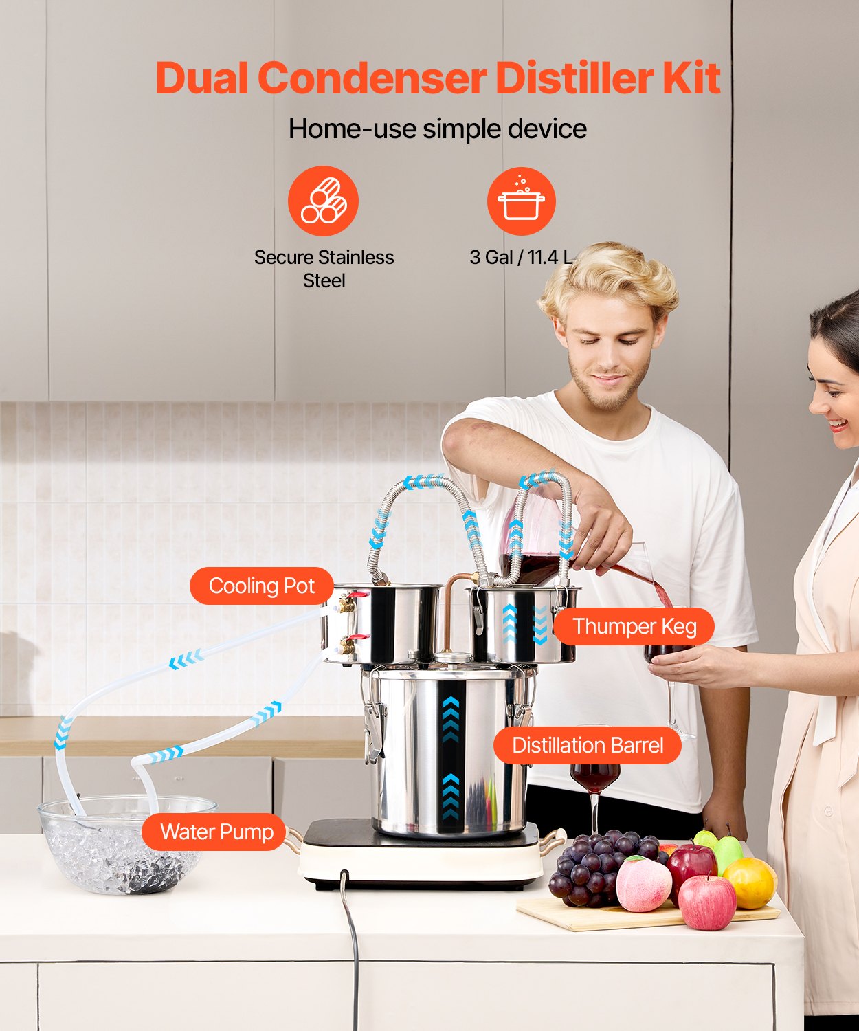 Alcohol Still, 3 Gal / 11.4 L Stainless Steel Water Alcohol Distiller with Copper Coil for Fast Cooling, Dual Condenser Distiller Kit with Secondary Distillation, for Wine Whisky Brandy, Silver