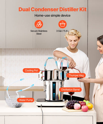 Alcohol Still, 3 Gal / 11.4 L Stainless Steel Water Alcohol Distiller with Copper Coil for Fast Cooling, Dual Condenser Distiller Kit with Secondary Distillation, for Wine Whisky Brandy, Silver