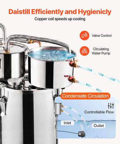 Alcohol Still, 3 Gal / 11.4 L Stainless Steel Water Alcohol Distiller with Copper Coil for Fast Cooling, Dual Condenser Distiller Kit with Secondary Distillation, for Wine Whisky Brandy, Silver