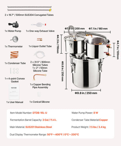 Alcohol Still, 3 Gal / 11.4 L Stainless Steel Water Alcohol Distiller with Copper Coil for Fast Cooling, Dual Condenser Distiller Kit with Secondary Distillation, for Wine Whisky Brandy, Silver