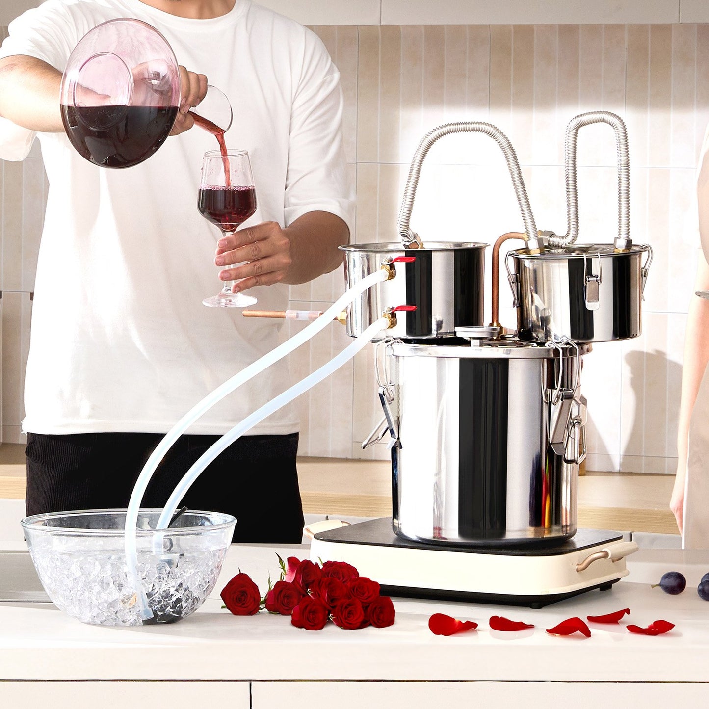 Alcohol Still, 3 Gal / 11.4 L Stainless Steel Water Alcohol Distiller with Copper Coil for Fast Cooling, Dual Condenser Distiller Kit with Secondary Distillation, for Wine Whisky Brandy, Silver