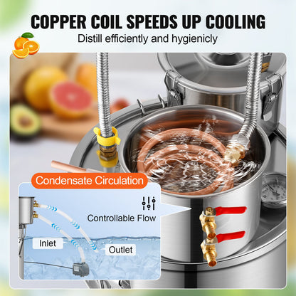 Alcohol Still, 5 Gal / 19 L Stainless Steel Water Alcohol Distiller with Copper Coil for Fast Cooling, Dual Condenser Distiller Kit with Secondary Distillation, for Wine Whisky Brandy, Silver