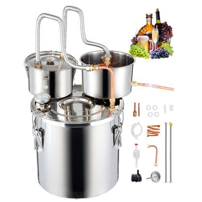Alcohol Still, 5 Gal / 19 L Stainless Steel Water Alcohol Distiller with Copper Coil for Fast Cooling, Dual Condenser Distiller Kit with Secondary Distillation, for Wine Whisky Brandy, Silver