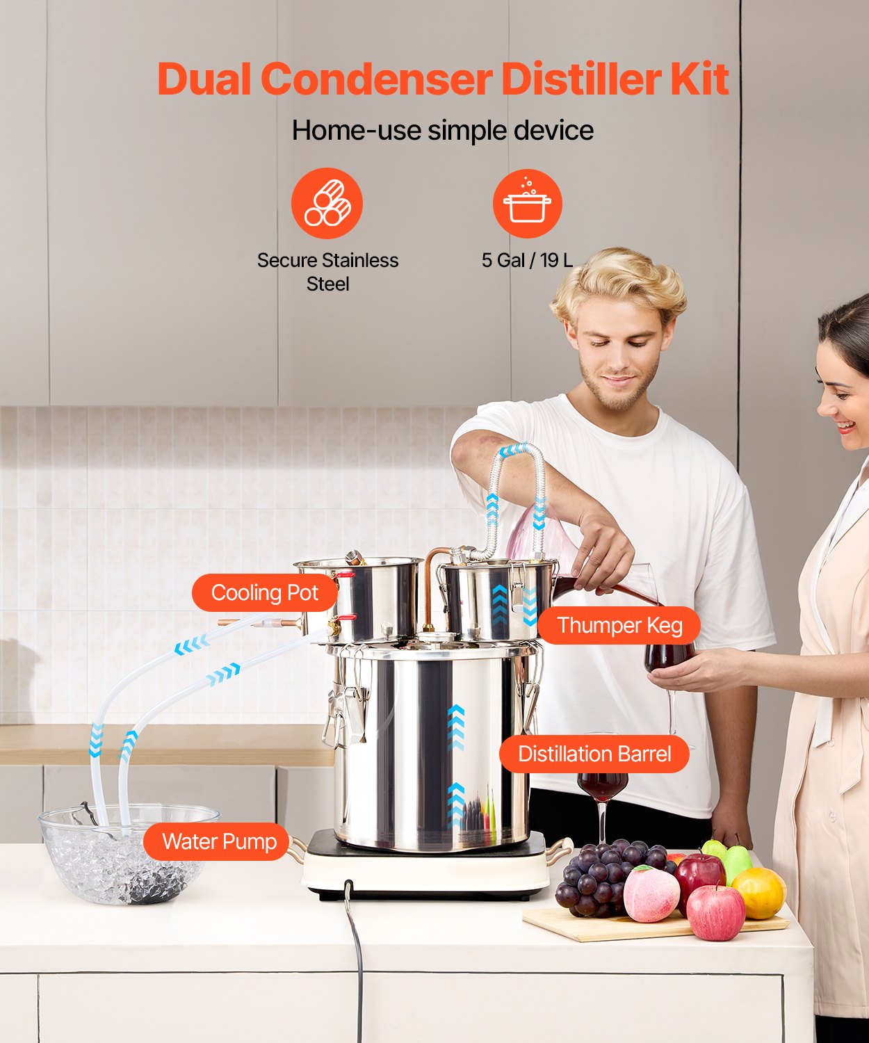 Alcohol Still, 5 Gal / 19 L Stainless Steel Water Alcohol Distiller with Copper Coil for Fast Cooling, Dual Condenser Distiller Kit with Secondary Distillation, for Wine Whisky Brandy, Silver