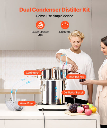 Alcohol Still, 5 Gal / 19 L Stainless Steel Water Alcohol Distiller with Copper Coil for Fast Cooling, Dual Condenser Distiller Kit with Secondary Distillation, for Wine Whisky Brandy, Silver