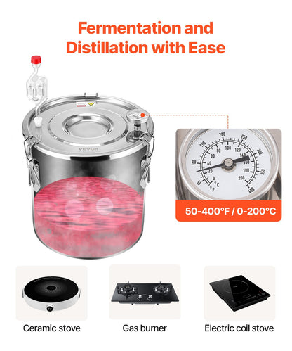 Alcohol Still, 5 Gal / 19 L Stainless Steel Water Alcohol Distiller with Copper Coil for Fast Cooling, Dual Condenser Distiller Kit with Secondary Distillation, for Wine Whisky Brandy, Silver