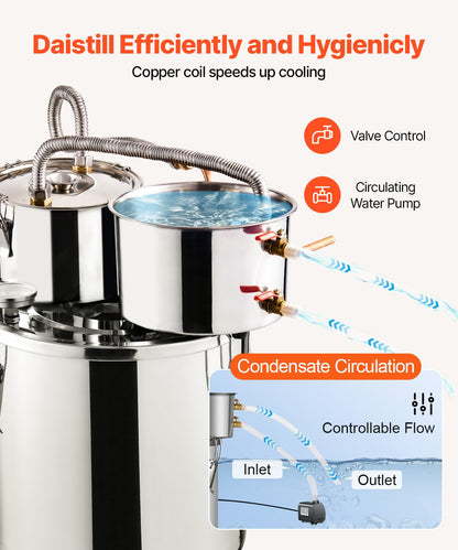 Alcohol Still, 5 Gal / 19 L Stainless Steel Water Alcohol Distiller with Copper Coil for Fast Cooling, Dual Condenser Distiller Kit with Secondary Distillation, for Wine Whisky Brandy, Silver
