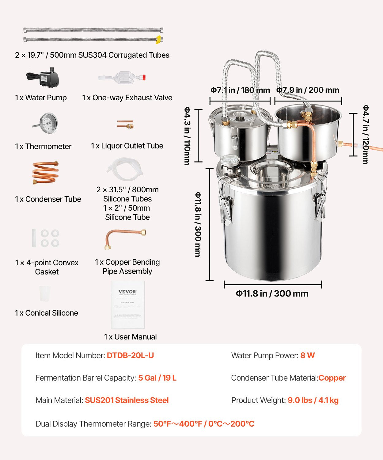 Alcohol Still, 5 Gal / 19 L Stainless Steel Water Alcohol Distiller with Copper Coil for Fast Cooling, Dual Condenser Distiller Kit with Secondary Distillation, for Wine Whisky Brandy, Silver
