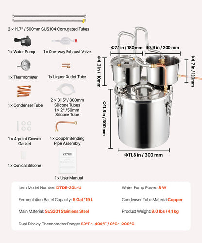 Alcohol Still, 5 Gal / 19 L Stainless Steel Water Alcohol Distiller with Copper Coil for Fast Cooling, Dual Condenser Distiller Kit with Secondary Distillation, for Wine Whisky Brandy, Silver