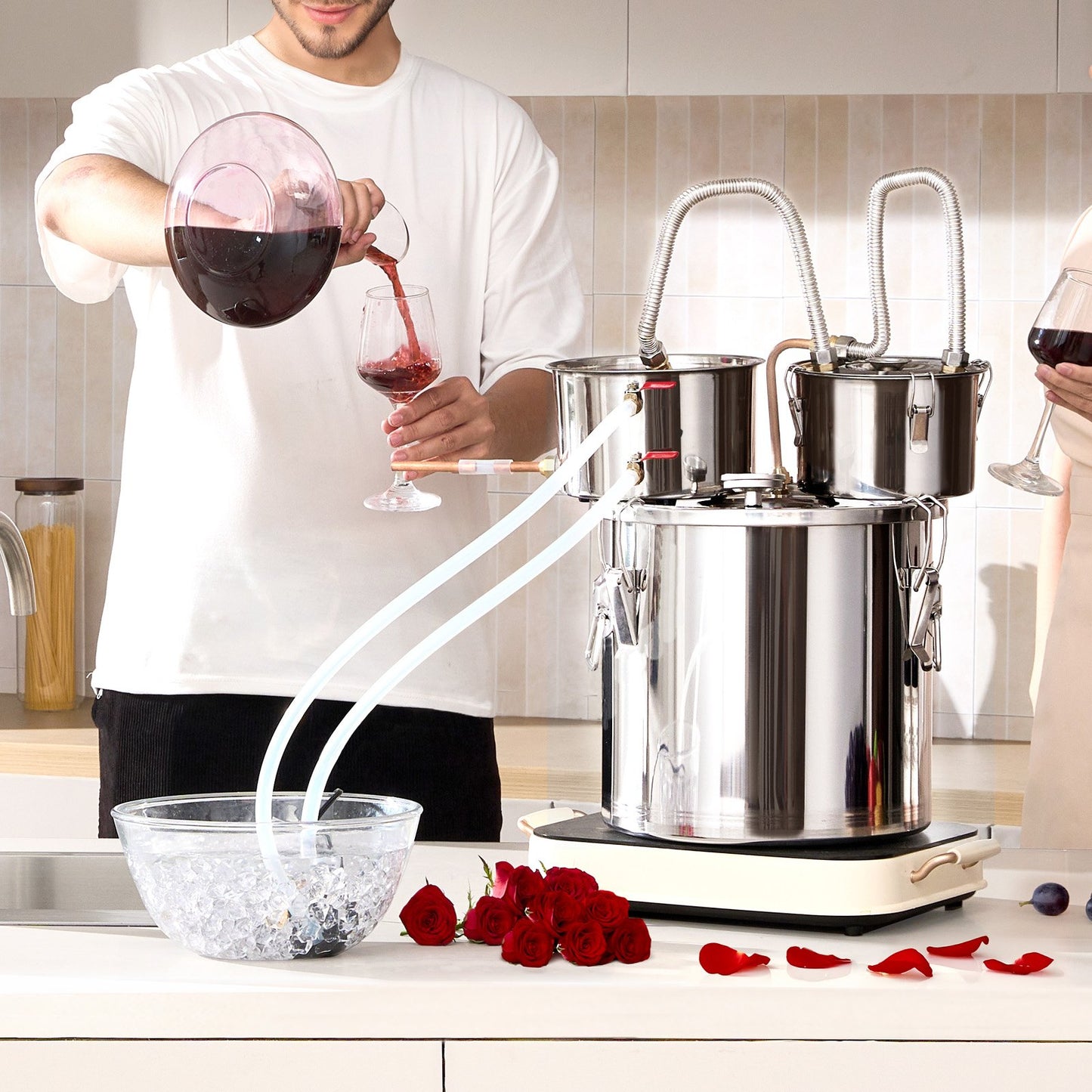Alcohol Still, 5 Gal / 19 L Stainless Steel Water Alcohol Distiller with Copper Coil for Fast Cooling, Dual Condenser Distiller Kit with Secondary Distillation, for Wine Whisky Brandy, Silver