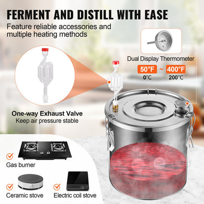 Alcohol Still, 8 Gal / 30 L Stainless Steel Water Alcohol Distiller with Copper Coil for Fast Cooling, Dual Condenser Distiller Kit with Secondary Distillation, for Wine Whisky Brandy, Silver