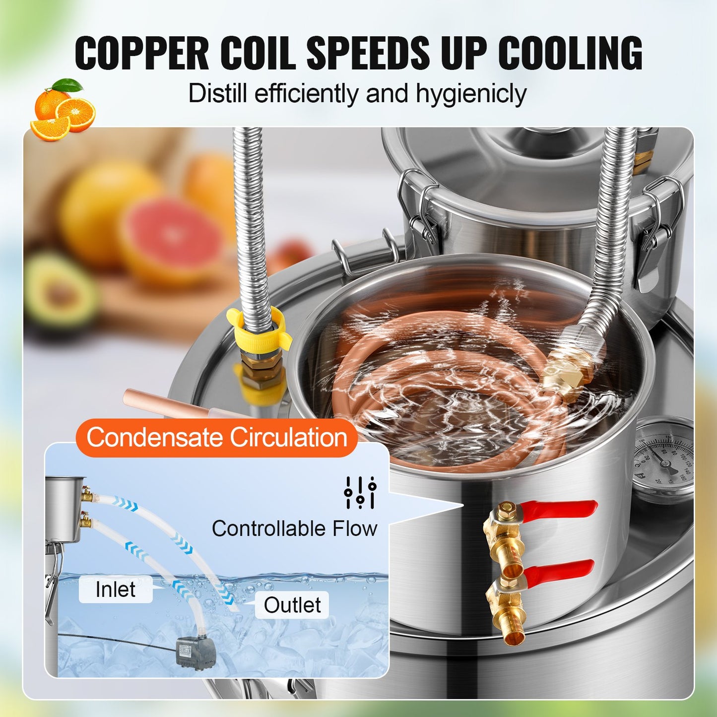 Alcohol Still, 8 Gal / 30 L Stainless Steel Water Alcohol Distiller with Copper Coil for Fast Cooling, Dual Condenser Distiller Kit with Secondary Distillation, for Wine Whisky Brandy, Silver