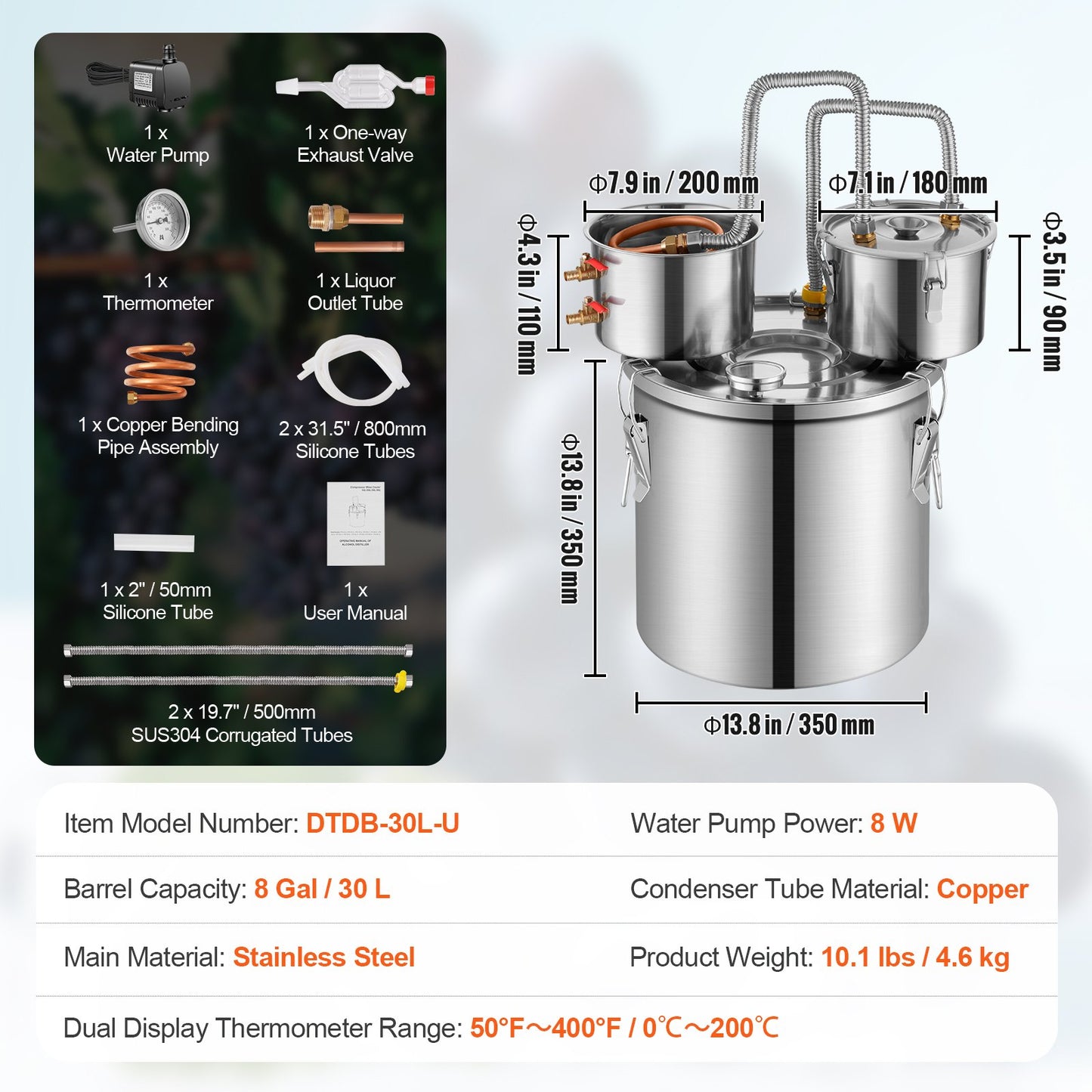 Alcohol Still, 8 Gal / 30 L Stainless Steel Water Alcohol Distiller with Copper Coil for Fast Cooling, Dual Condenser Distiller Kit with Secondary Distillation, for Wine Whisky Brandy, Silver