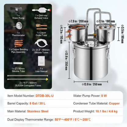 Alcohol Still, 8 Gal / 30 L Stainless Steel Water Alcohol Distiller with Copper Coil for Fast Cooling, Dual Condenser Distiller Kit with Secondary Distillation, for Wine Whisky Brandy, Silver