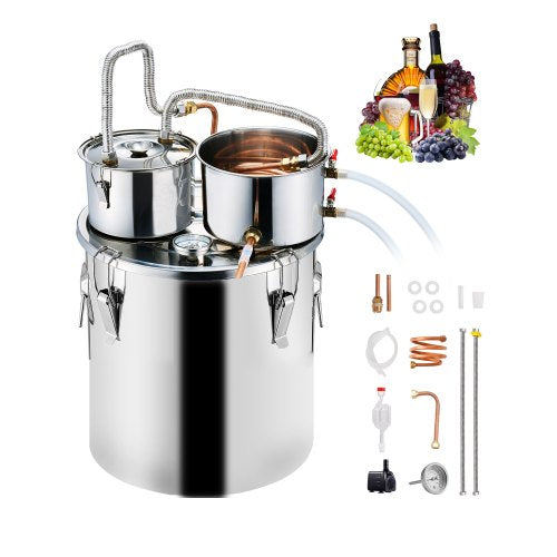 Alcohol Still, 8 Gal / 30 L Stainless Steel Water Alcohol Distiller with Copper Coil for Fast Cooling, Dual Condenser Distiller Kit with Secondary Distillation, for Wine Whisky Brandy, Silver