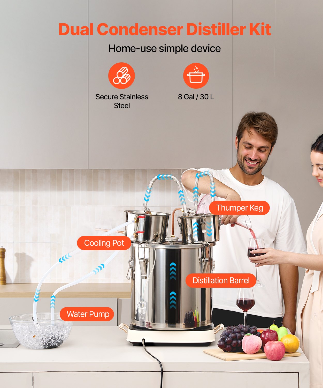 Alcohol Still, 8 Gal / 30 L Stainless Steel Water Alcohol Distiller with Copper Coil for Fast Cooling, Dual Condenser Distiller Kit with Secondary Distillation, for Wine Whisky Brandy, Silver