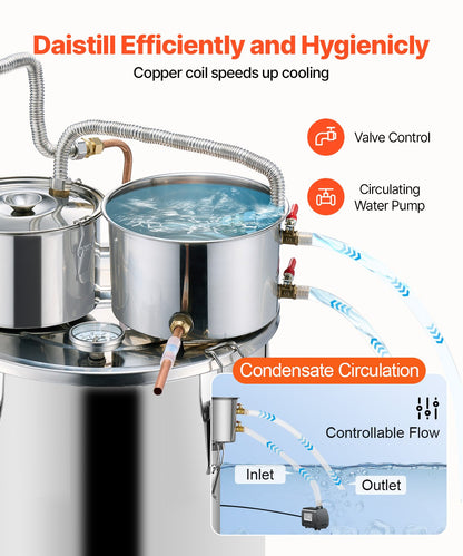 Alcohol Still, 8 Gal / 30 L Stainless Steel Water Alcohol Distiller with Copper Coil for Fast Cooling, Dual Condenser Distiller Kit with Secondary Distillation, for Wine Whisky Brandy, Silver