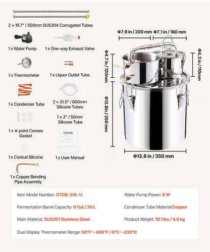 Alcohol Still, 8 Gal / 30 L Stainless Steel Water Alcohol Distiller with Copper Coil for Fast Cooling, Dual Condenser Distiller Kit with Secondary Distillation, for Wine Whisky Brandy, Silver