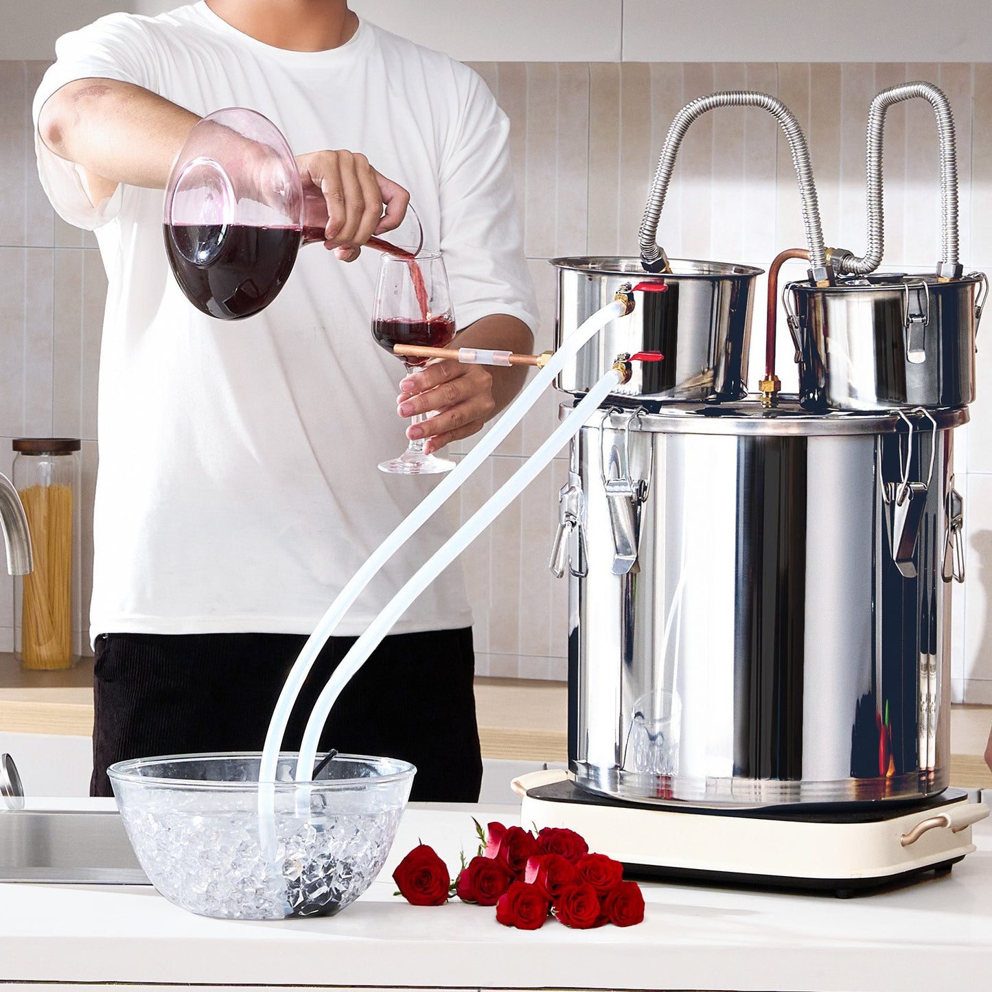 Alcohol Still, 8 Gal / 30 L Stainless Steel Water Alcohol Distiller with Copper Coil for Fast Cooling, Dual Condenser Distiller Kit with Secondary Distillation, for Wine Whisky Brandy, Silver