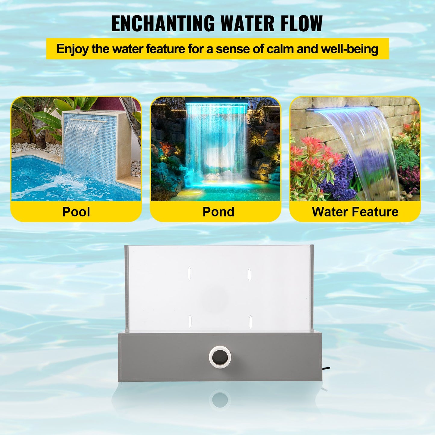 Pool Fountain Spillway 11.8x3.2x8.1 Inches, Fountain Spilway Blue Strip LED Light, Pool Waterfall Fountain Solid Acrylic, Pool Waterfall for Garden Pond, Swimming Pool, Squares