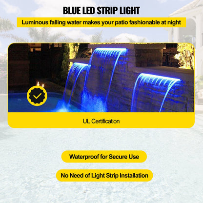 Pool Fountain Spillway 11.8x3.2x8.1 Inches, Fountain Spilway Blue Strip LED Light, Pool Waterfall Fountain Solid Acrylic, Pool Waterfall for Garden Pond, Swimming Pool, Squares