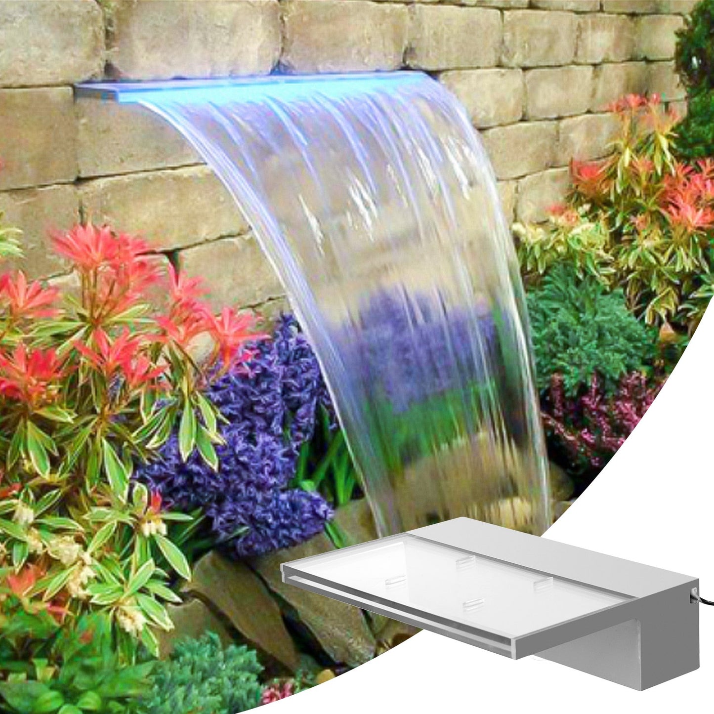 Pool Fountain Spillway 11.8x3.2x8.1 Inches, Fountain Spilway Blue Strip LED Light, Pool Waterfall Fountain Solid Acrylic, Pool Waterfall for Garden Pond, Swimming Pool, Squares