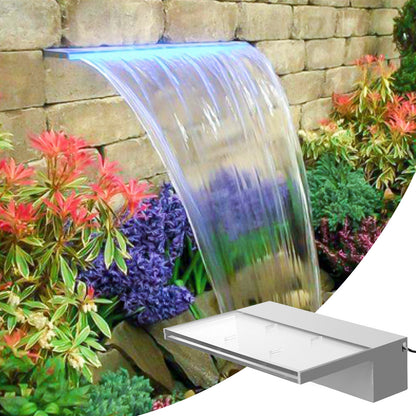 Pool Fountain Spillway 11.8x3.2x8.1 Inches, Fountain Spilway Blue Strip LED Light, Pool Waterfall Fountain Solid Acrylic, Pool Waterfall for Garden Pond, Swimming Pool, Squares