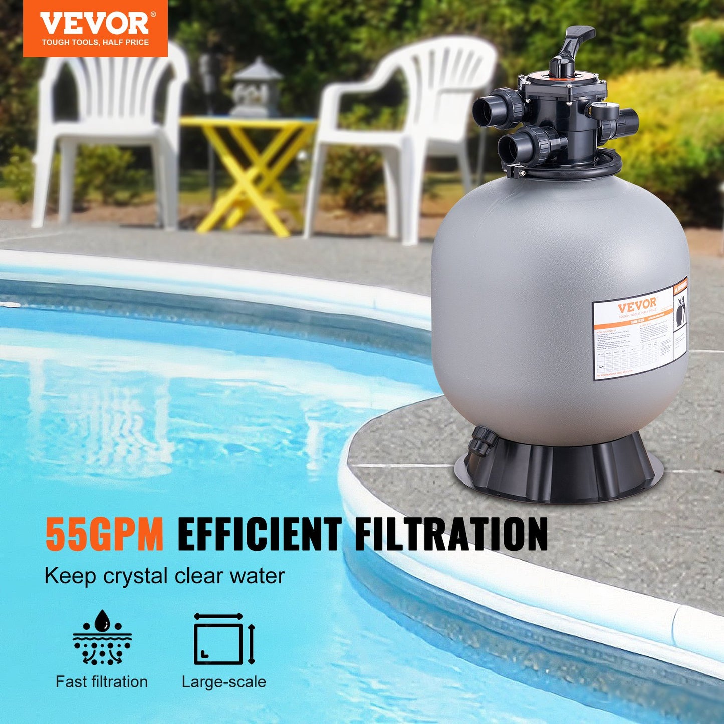 Sand Filter, 22-inch, Up to 55 GPM Flow Rate, Above Inground Swimming Pool Sand Filter System with 7-Way Multi-Port Valve, Filter, Backwash, Rinse, Recirculate, Waste, Winter, Closed Functions