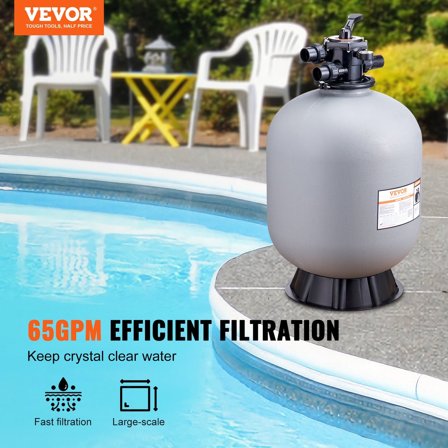Sand Filter, 24-inch, Up to 65 GPM Flow Rate, Above Inground Swimming Pool Sand Filter System with 7-Way Multi-Port Valve, Filter, Backwash, Rinse, Recirculate, Waste, Winter, Closed Functions