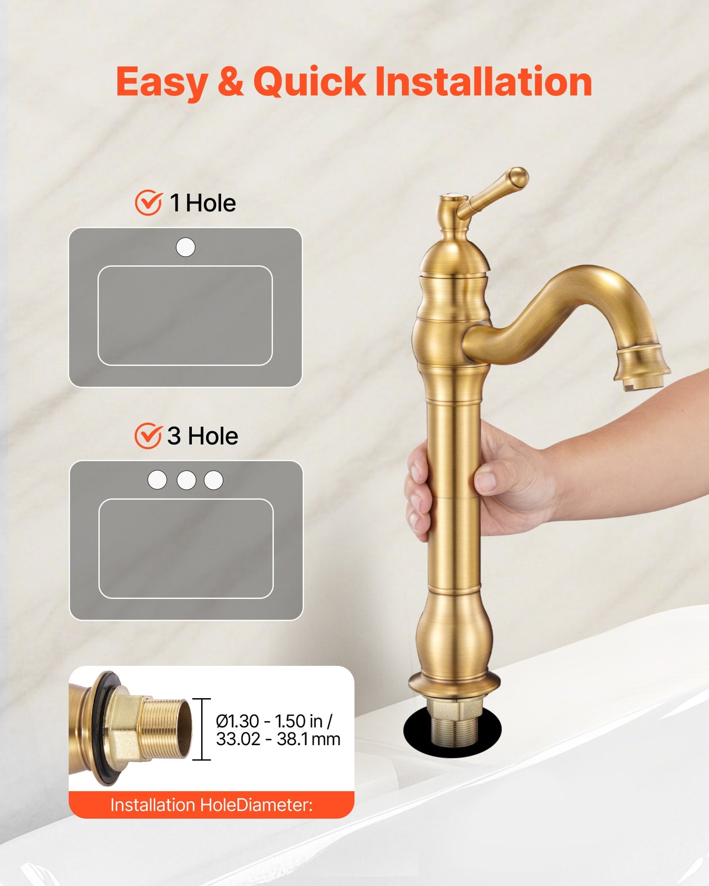 Single Handle Sink Faucet, Solid Brass Single Handle Kitchen Faucet, 1 or 3 Hole Kitchen Faucets with Push-Button Drain, Suitable for Bathroom, RV, Bar, Public Restroom, Anti-Backflow Design