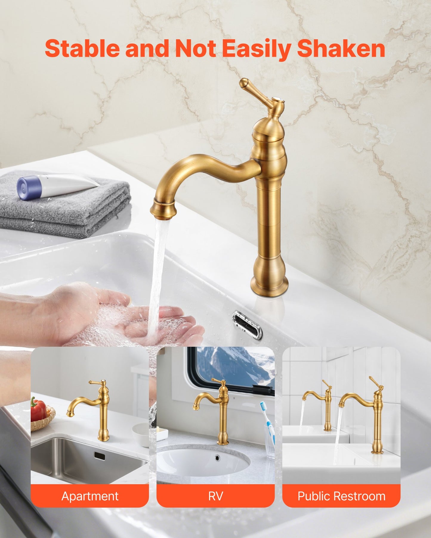 Single Handle Sink Faucet, Solid Brass Single Handle Kitchen Faucet, 1 or 3 Hole Kitchen Faucets with Push-Button Drain, Suitable for Bathroom, RV, Bar, Public Restroom, Anti-Backflow Design